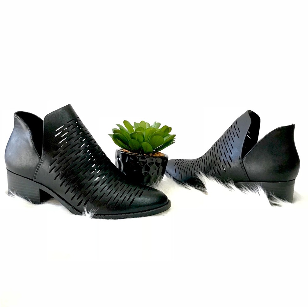 black laser cut pointed toe ankle bootie